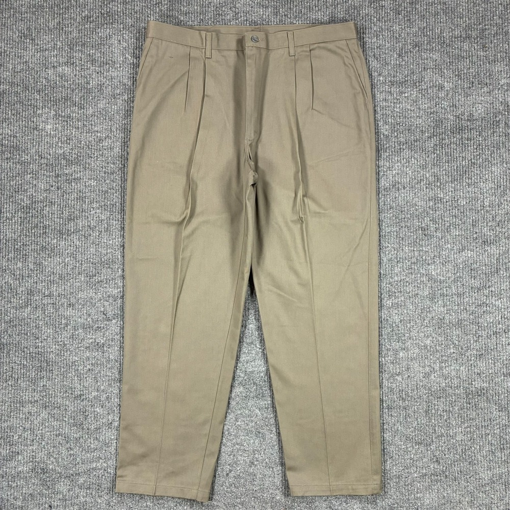 Lee Wrinkle Free Double Pleat Relaxed Fit Pants Mens Size 42x32 Tan Tapered Leg